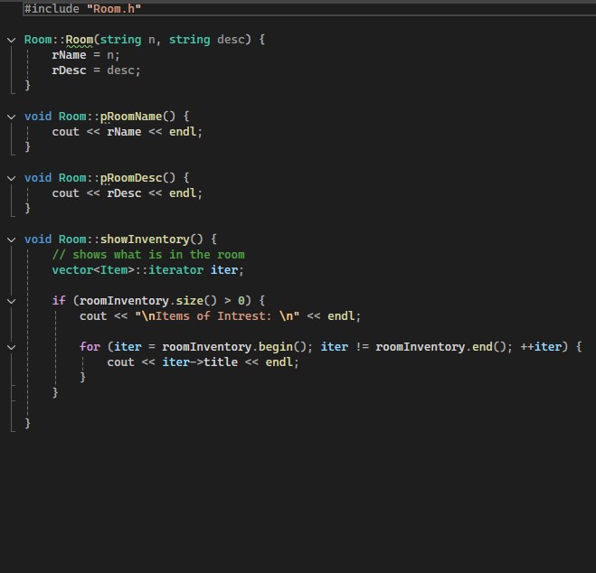 Room.cpp uses the function from the created class of Room and assigns values to it